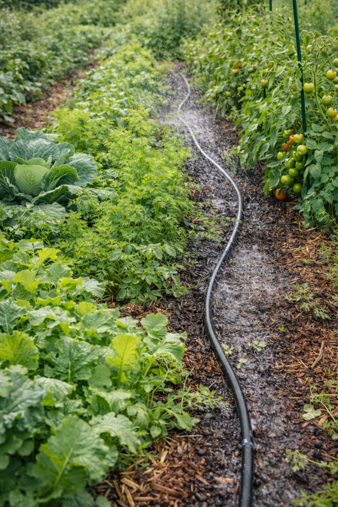 Como Economizar Água na Irrigação horta sendo irrigada de forma eficiente com economia de água