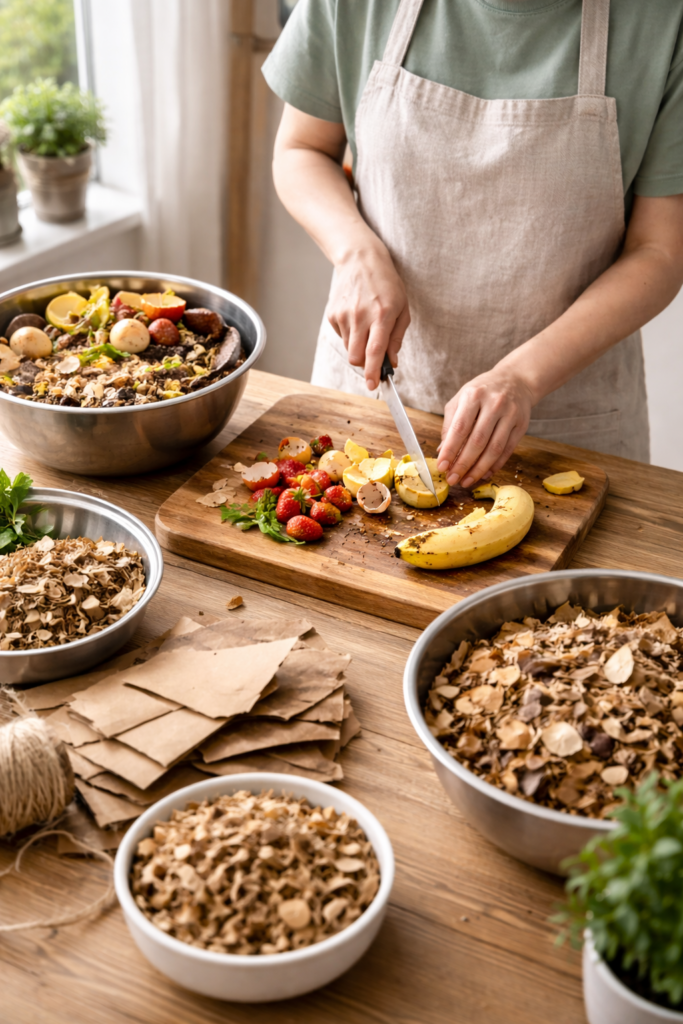 Composteira Doméstica: Tipos e Qual Escolher preparando compostagem na cozinha